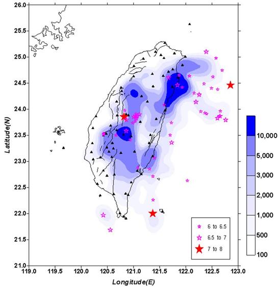 臺灣地區1994~2008年之地震累計個數等值圖以及規模≧6.0之地震震央分布