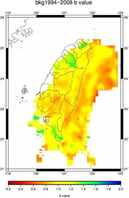 臺灣地區1994至2008年背景地震活動之b值等值圖