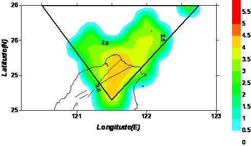 臺北分區1994至2008年淺源地震（深度< 40 km）震央分布圖