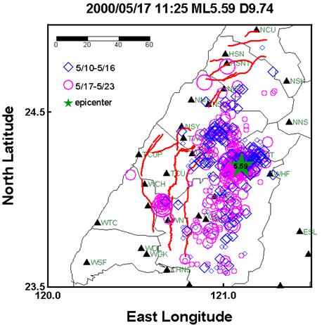 2000年5月17日臺中德基地震主震發生之前後地震分布情形