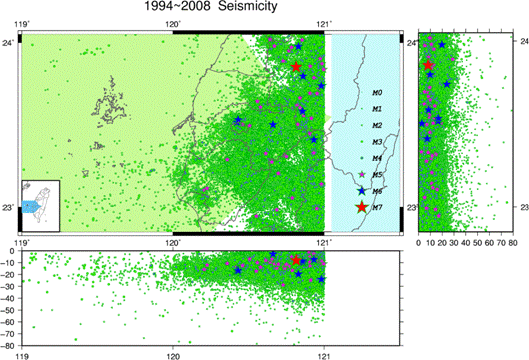 1994年至2008年嘉南分區月地震分布