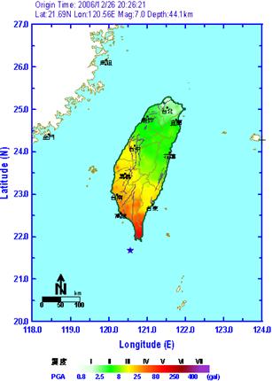 民國95年12月26日恆春地震第一起地震之等震度圖