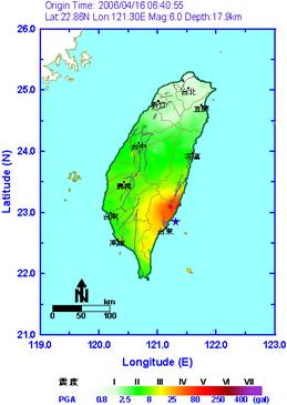 2006年4月16日臺東地震之等震度圖