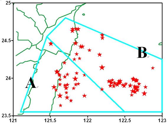 花蓮A區及花蓮B區規模5.5以上地震之空間分布圖，深度小於30公里之地震