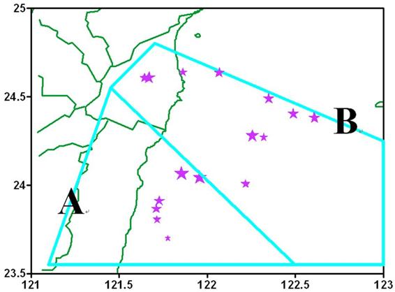 花蓮A區及花蓮B區規模5.5以上地震之空間分布圖，深度大於30公里之地震