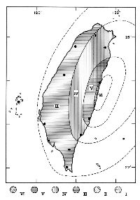 1951年10月22日05:34花蓮地震等震度圖