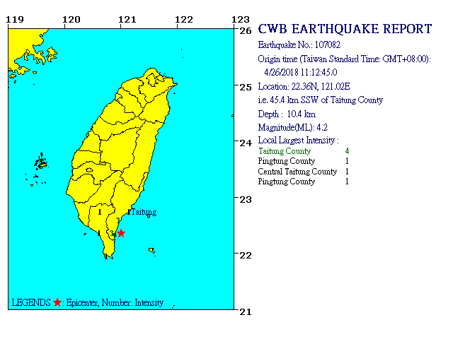 4/26 11:12 M<sub>L</sub> 4.2 22.36N 121.02E, i.e. 45.4 km SSW of Taitung County
