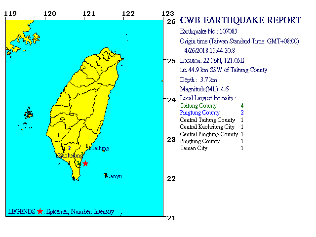 4/26 13:44 M<sub>L</sub> 4.6 22.36N 121.05E, i.e. 44.9 km SSW of Taitung County