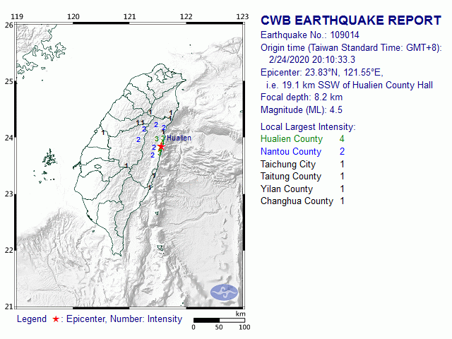 2/24 20:10 M<sub>L</sub> 4.5 23.83N 121.55E, i.e. 19.1 km SSW of Hualien County