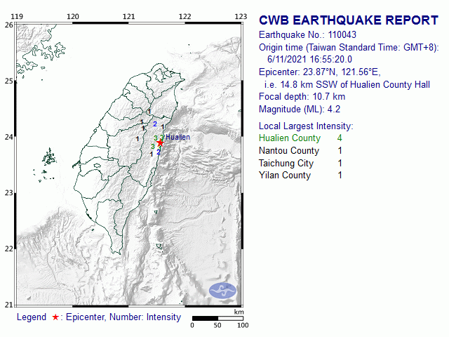 6/11 16:55 M<sub>L</sub> 4.2 23.87N 121.56E, i.e. 14.8 km SSW of Hualien County