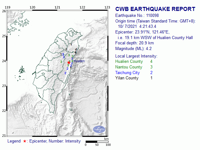 10/7 4:21 M<sub>L</sub> 4.2 23.91N 121.46E, i.e. 19.1 km WSW of Hualien County