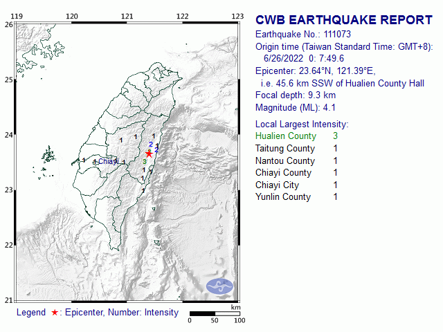 6/26 0:7 M<sub>L</sub> 4.1 23.64N 121.39E, i.e. 45.6 km SSW of Hualien County