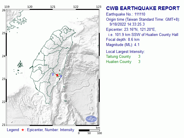 9/18 14:33 M<sub>L</sub> 4.1 23.16N 121.20E, i.e. 101.9 km SSW of Hualien County